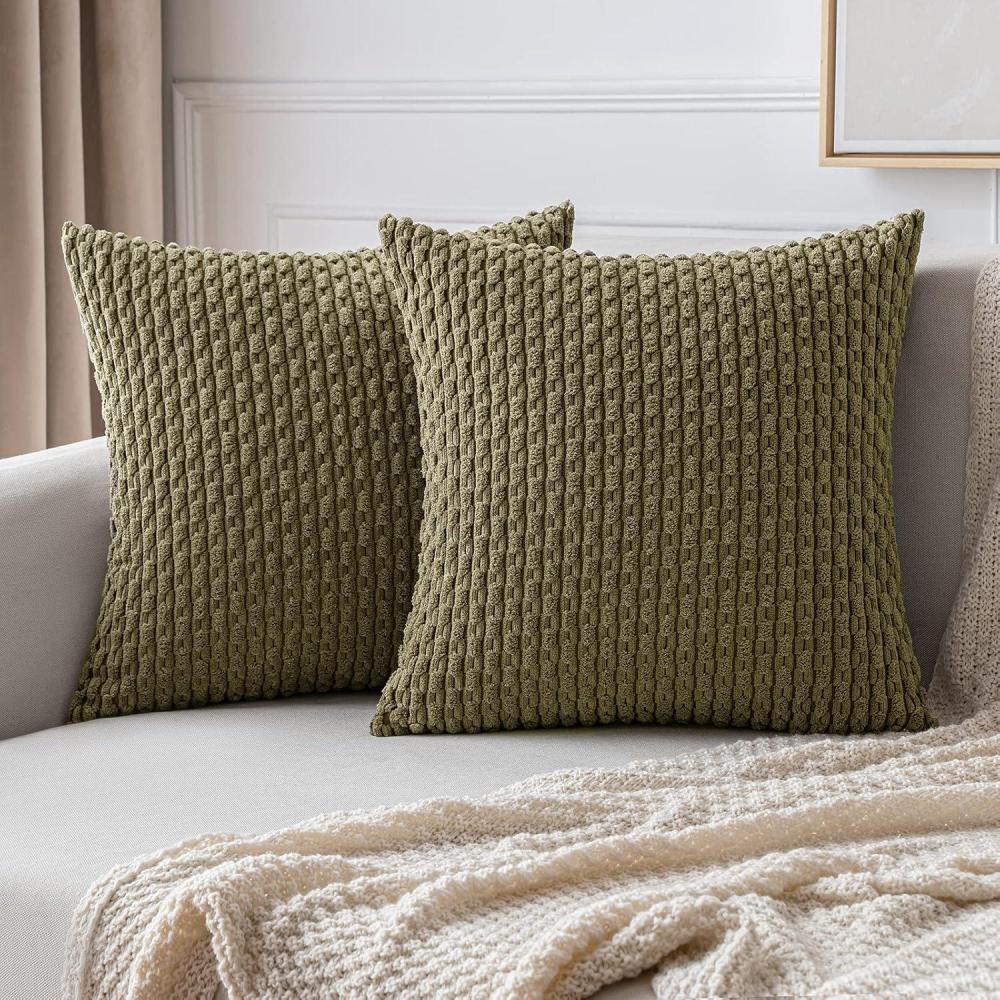 imageMIULEE Christmas Throw Pillow Covers Soft Corduroy Decorative Set of 2 Boho Striped Pillow Covers Pillowcases Farmhouse Home Decor for Couch Bed Sofa Living Room 18x18 Inch Pure WhiteOlive Green