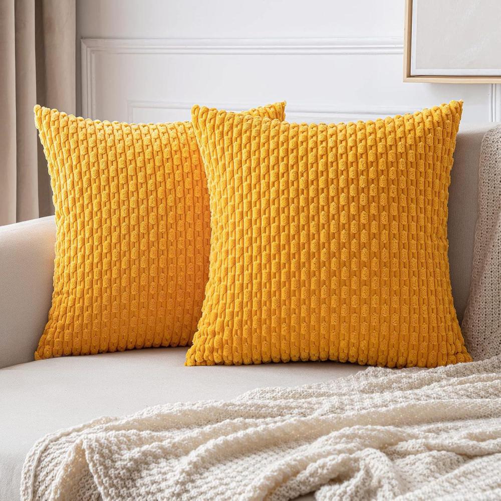 imageMIULEE Christmas Throw Pillow Covers Soft Corduroy Decorative Set of 2 Boho Striped Pillow Covers Pillowcases Farmhouse Home Decor for Couch Bed Sofa Living Room 18x18 Inch Pure WhiteGolden Yellow