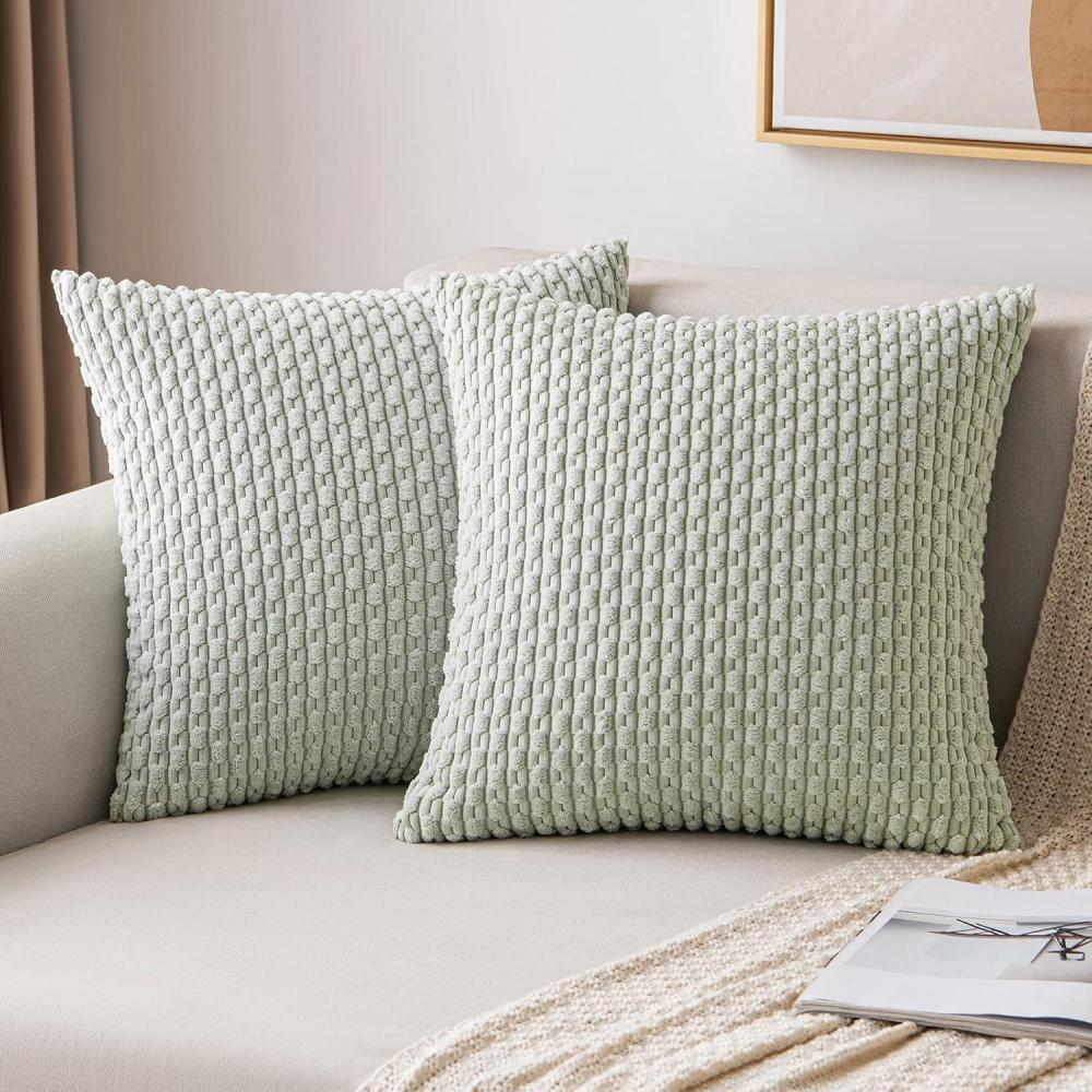 imageMIULEE Christmas Throw Pillow Covers Soft Corduroy Decorative Set of 2 Boho Striped Pillow Covers Pillowcases Farmhouse Home Decor for Couch Bed Sofa Living Room 18x18 Inch Pure WhiteLight Green