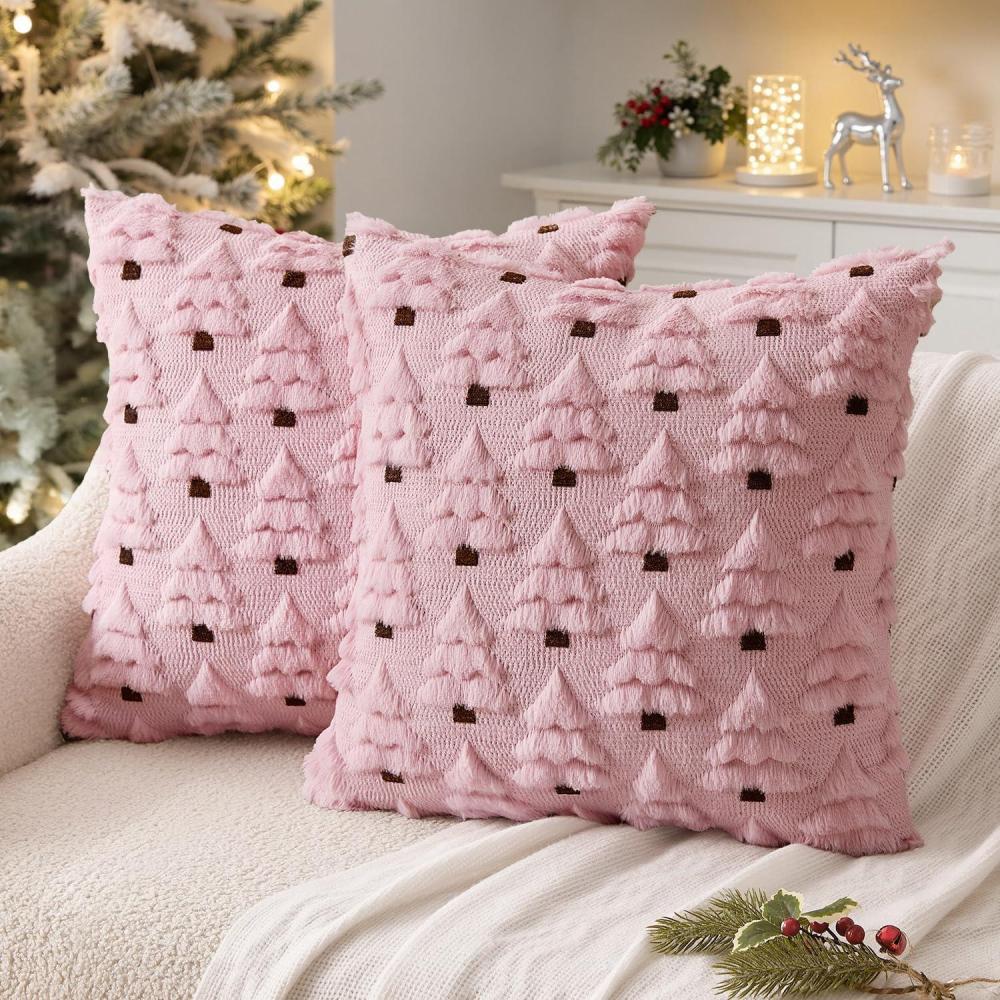 imageMIULEE Christmas Tree Decorative Pillow Covers Faux Fur Wool Throw Pillows Soft Plush Cushion Covers Set of 2 Xmas Home Decor Winter Holiday for Sofa Couch Livingroom Bed 18x18 Inch CreamPink