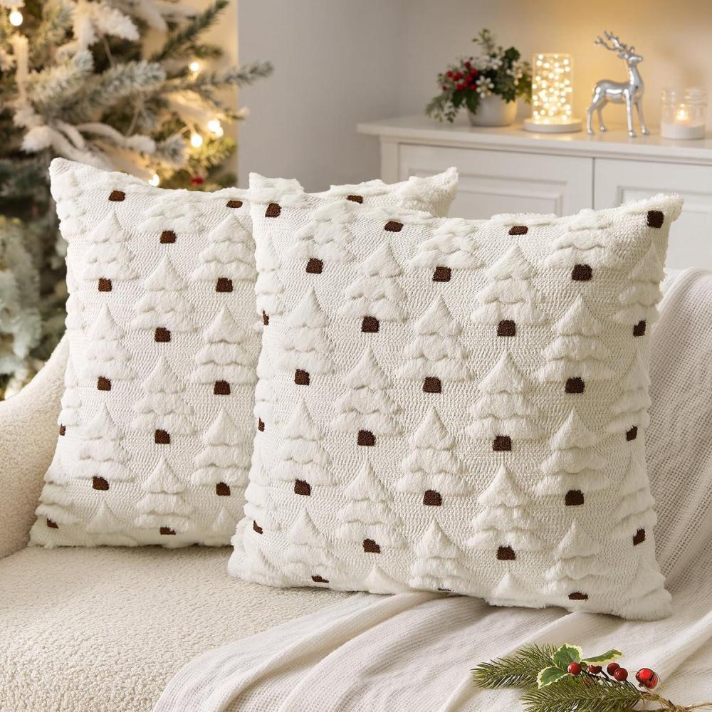 imageMIULEE Christmas Tree Decorative Pillow Covers Faux Fur Wool Throw Pillows Soft Plush Cushion Covers Set of 2 Xmas Home Decor Winter Holiday for Sofa Couch Livingroom Bed 18x18 Inch CreamCream
