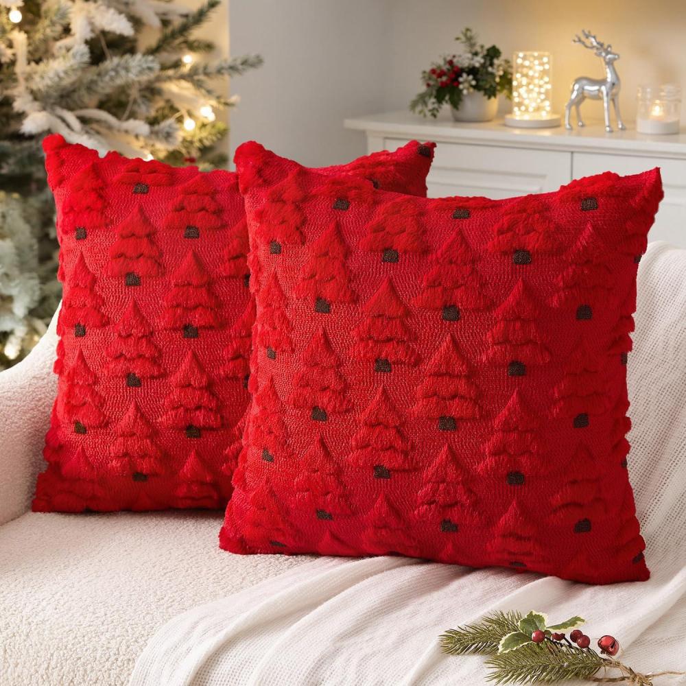 imageMIULEE Christmas Tree Decorative Pillow Covers Faux Fur Wool Throw Pillows Soft Plush Cushion Covers Set of 2 Xmas Home Decor Winter Holiday for Sofa Couch Livingroom Bed 18x18 Inch BeigeRed