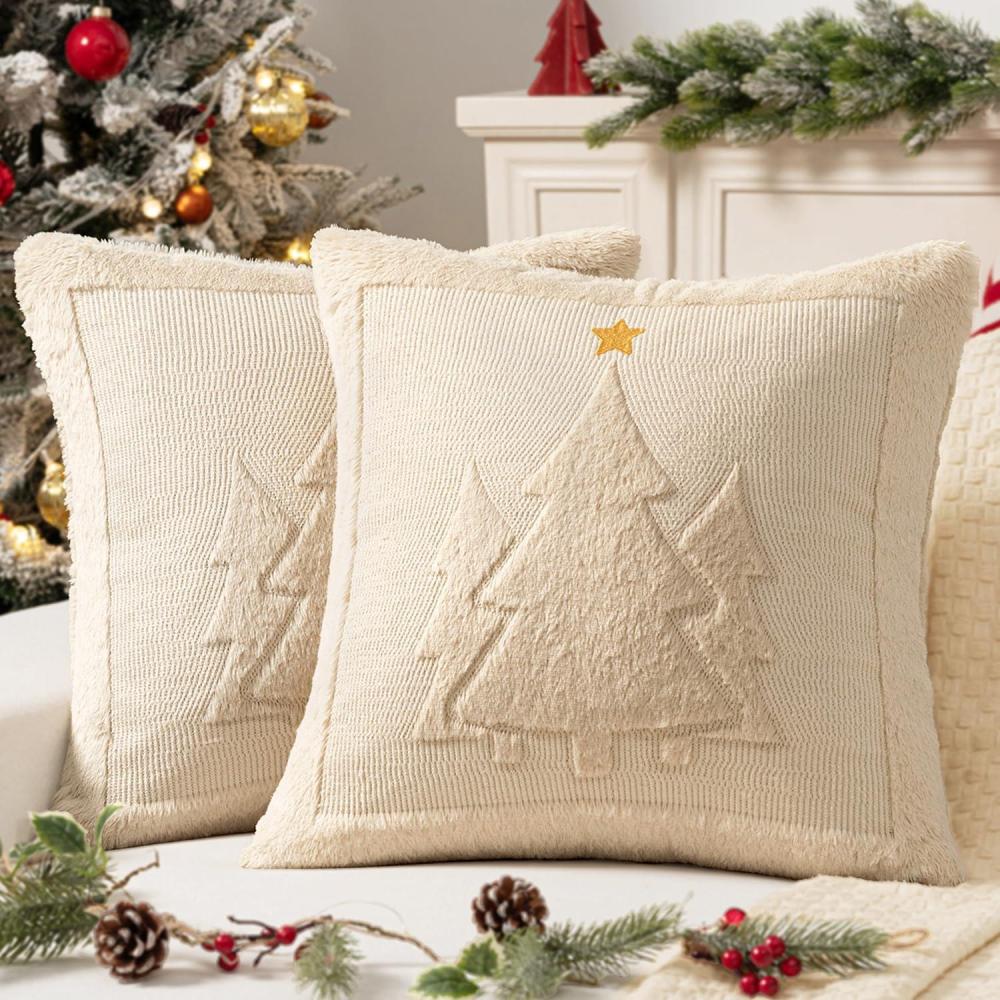 imageMIULEE Christmas Trees Pillow Covers Set of 2 Decorative Soft Throw Pillows Plush Faux Fur Wool Embroidered Couch Cushion for Holiday Winter Home Decor Chair Sofa Bedroom Living RoomGreen 18x18inchBeige