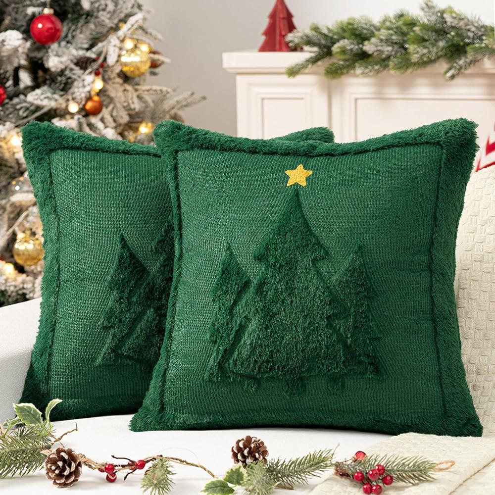 imageMIULEE Christmas Trees Pillow Covers Set of 2 Decorative Soft Throw Pillows Plush Faux Fur Wool Embroidered Couch Cushion for Holiday Winter Home Decor Chair Sofa Bedroom Living RoomGreen 18x18inchGreen