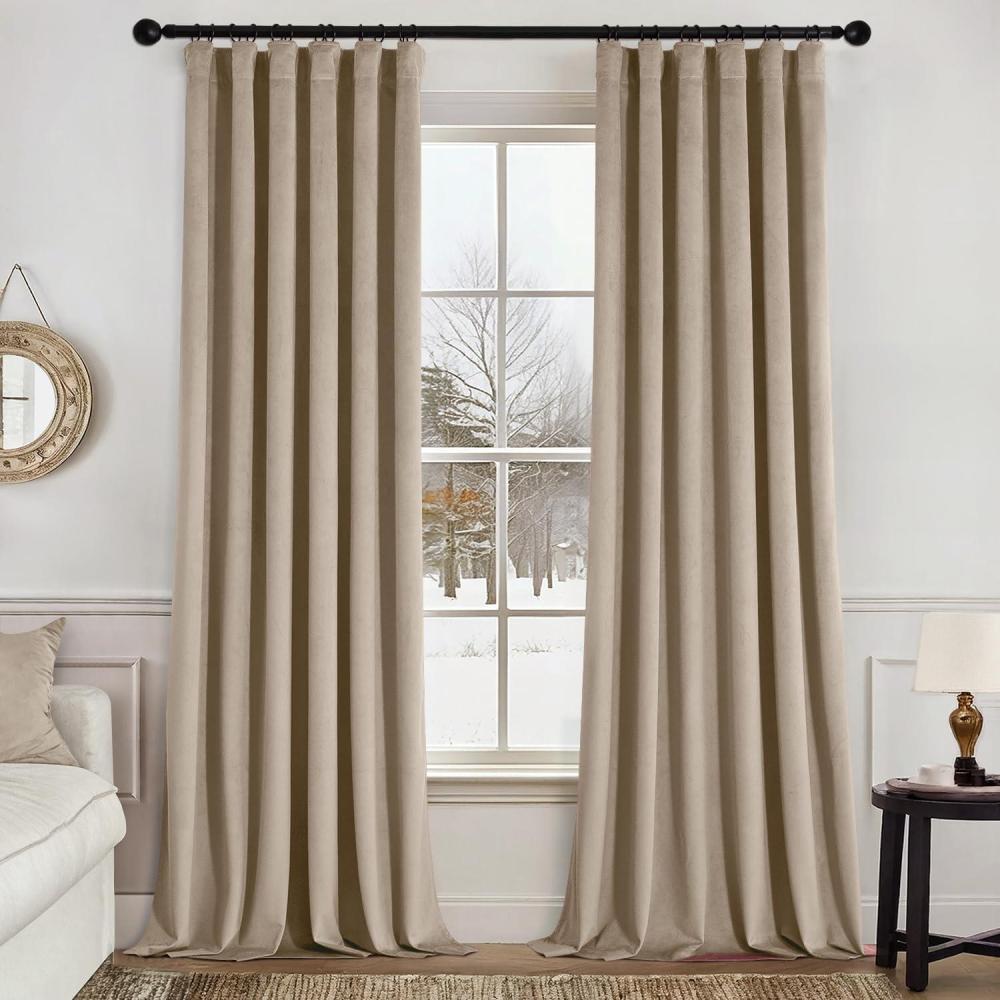 imageMIULEE Christmas Velvet Curtains 96 Inches Long 2 Panels Set for Bedroom Pinch Pleat Back Tab Thermal Insulated Living Room Darkening Drapes Pleated Blackout Floor to Ceiling Curtain with Hooks RedCamel Beige