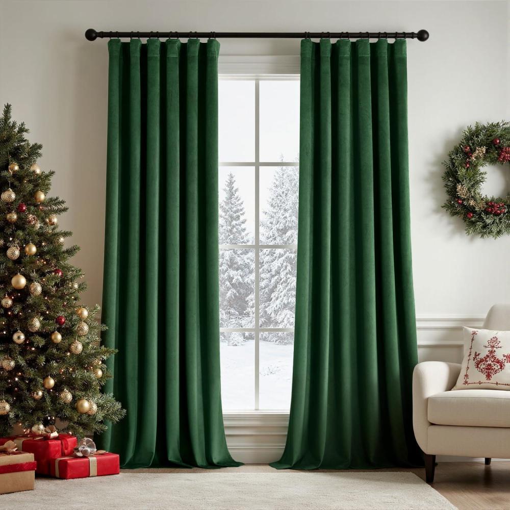 imageMIULEE Christmas Velvet Curtains 96 Inches Long 2 Panels Set for Bedroom Pinch Pleat Back Tab Thermal Insulated Living Room Darkening Drapes Pleated Blackout Floor to Ceiling Curtain with Hooks RedEmerald Green