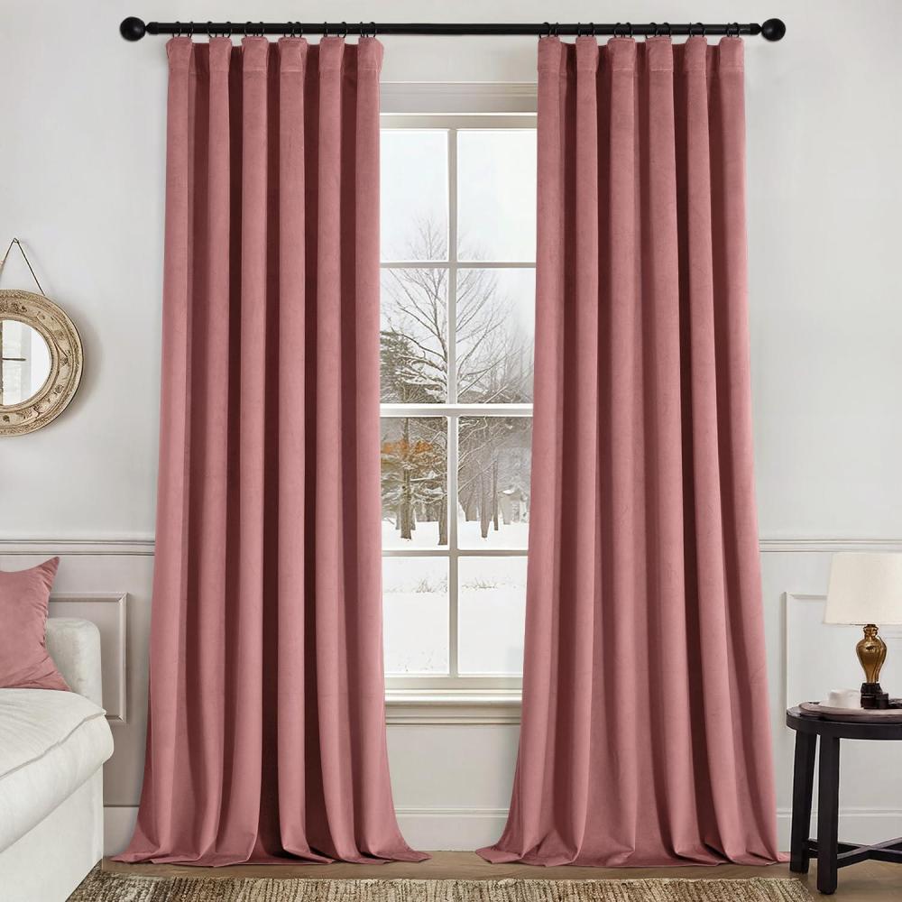 imageMIULEE Christmas Velvet Curtains 96 Inches Long 2 Panels Set for Bedroom Pinch Pleat Back Tab Thermal Insulated Living Room Darkening Drapes Pleated Blackout Floor to Ceiling Curtain with Hooks RedDusty Rose