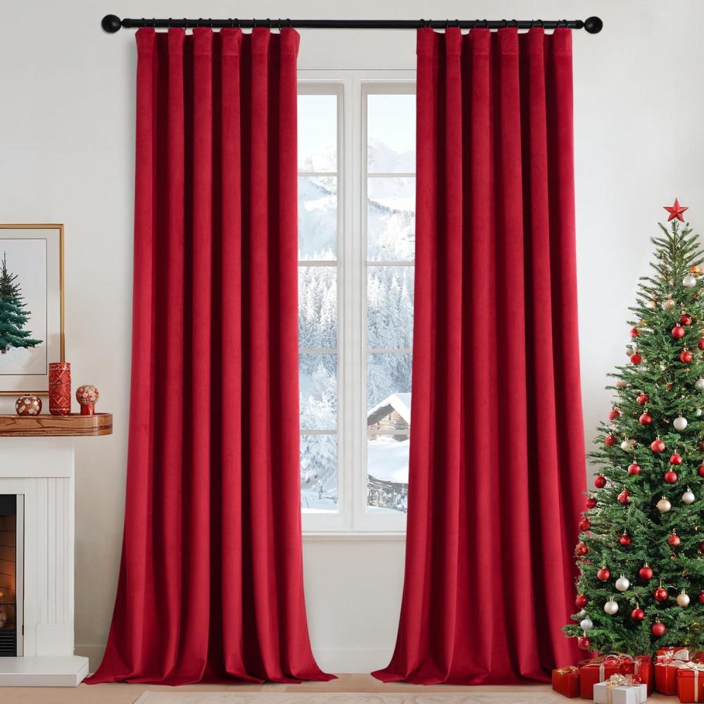 imageMIULEE Christmas Velvet Curtains 96 Inches Long 2 Panels Set for Bedroom Pinch Pleat Back Tab Thermal Insulated Living Room Darkening Drapes Pleated Blackout Floor to Ceiling Curtain with Hooks RedRed