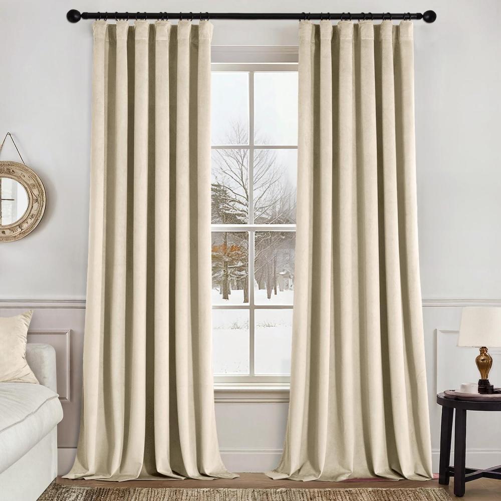 imageMIULEE Christmas Velvet Curtains 96 Inches Long 2 Panels Set for Bedroom Pinch Pleat Back Tab Thermal Insulated Living Room Darkening Drapes Pleated Blackout Floor to Ceiling Curtain with Hooks RedBeige