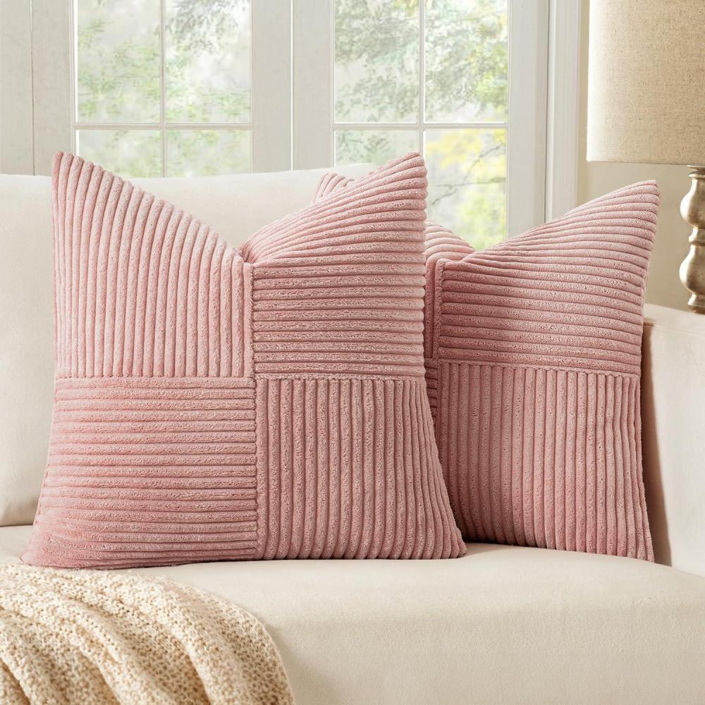 imageMIULEE Christmas White Corduroy Pillow Covers Pack of 2 Boho Decorative Spliced Throw Pillow Covers Soft Couch Pillowcases Cross Patchwork Textured Cushion Covers for Living Room Bed Sofa 18x18 inchPink