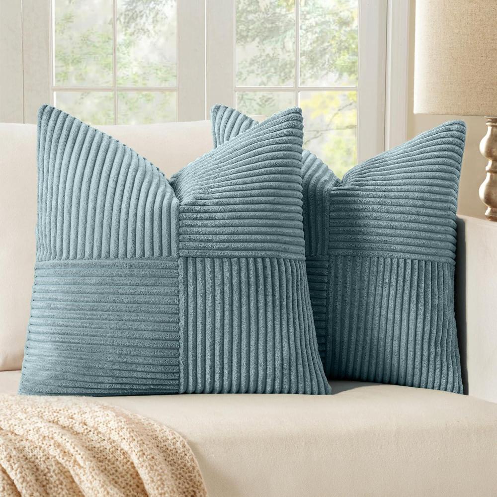 imageMIULEE Christmas White Corduroy Pillow Covers Pack of 2 Boho Decorative Spliced Throw Pillow Covers Soft Couch Pillowcases Cross Patchwork Textured Cushion Covers for Living Room Bed Sofa 18x18 inchDusty Blue