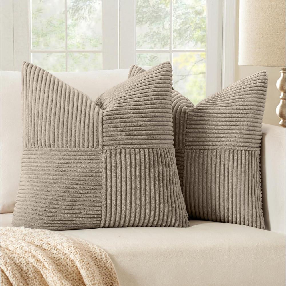 imageMIULEE Christmas White Corduroy Pillow Covers Pack of 2 Boho Decorative Spliced Throw Pillow Covers Soft Couch Pillowcases Cross Patchwork Textured Cushion Covers for Living Room Bed Sofa 18x18 inchLight Brown