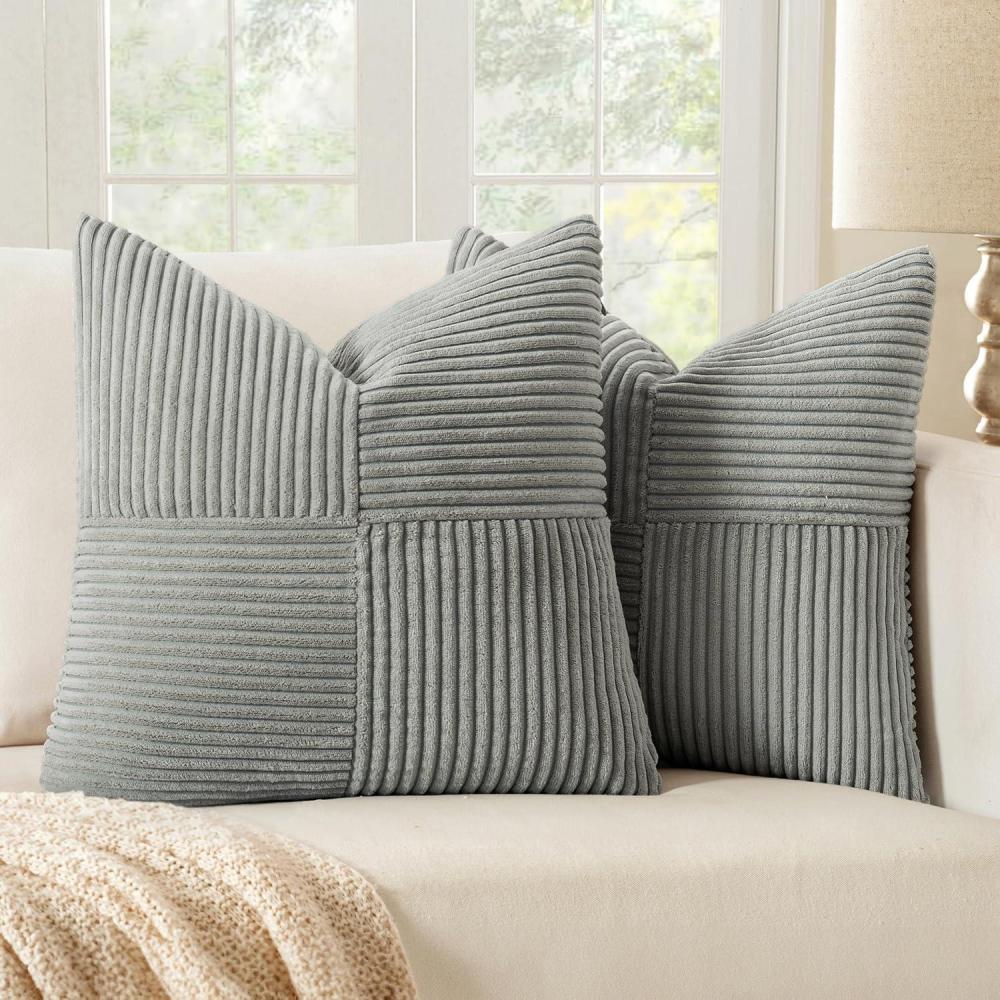 imageMIULEE Christmas White Corduroy Pillow Covers Pack of 2 Boho Decorative Spliced Throw Pillow Covers Soft Couch Pillowcases Cross Patchwork Textured Cushion Covers for Living Room Bed Sofa 18x18 inchSilver Grey