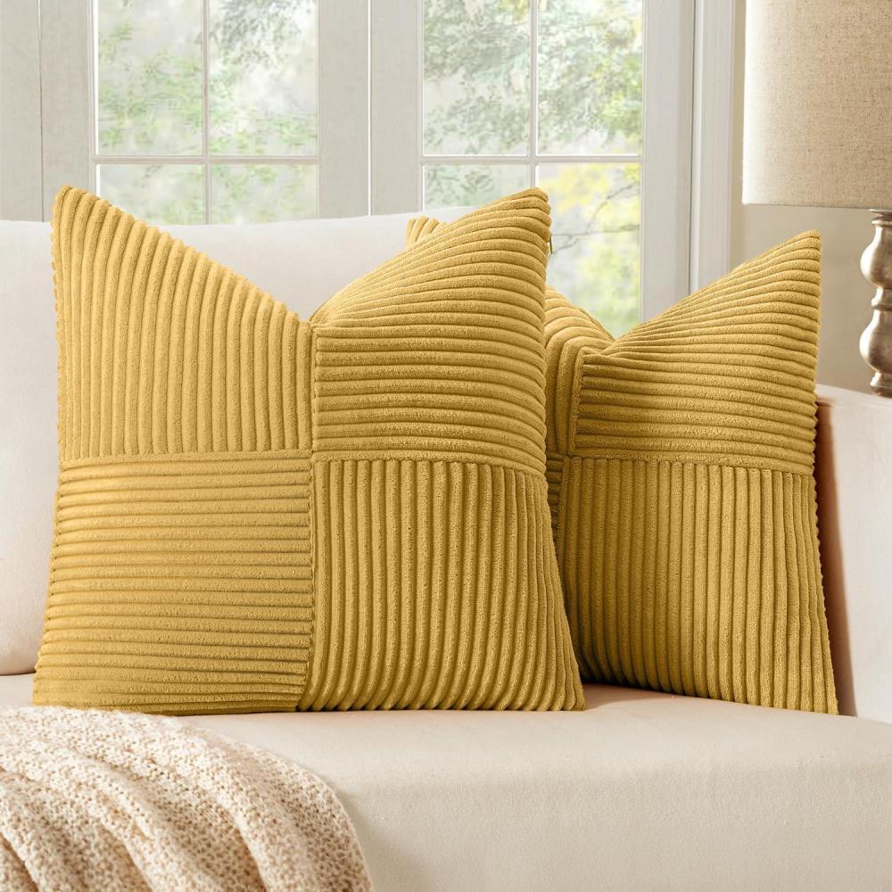 imageMIULEE Christmas White Corduroy Pillow Covers Pack of 2 Boho Decorative Spliced Throw Pillow Covers Soft Couch Pillowcases Cross Patchwork Textured Cushion Covers for Living Room Bed Sofa 18x18 inchGolden Mustard