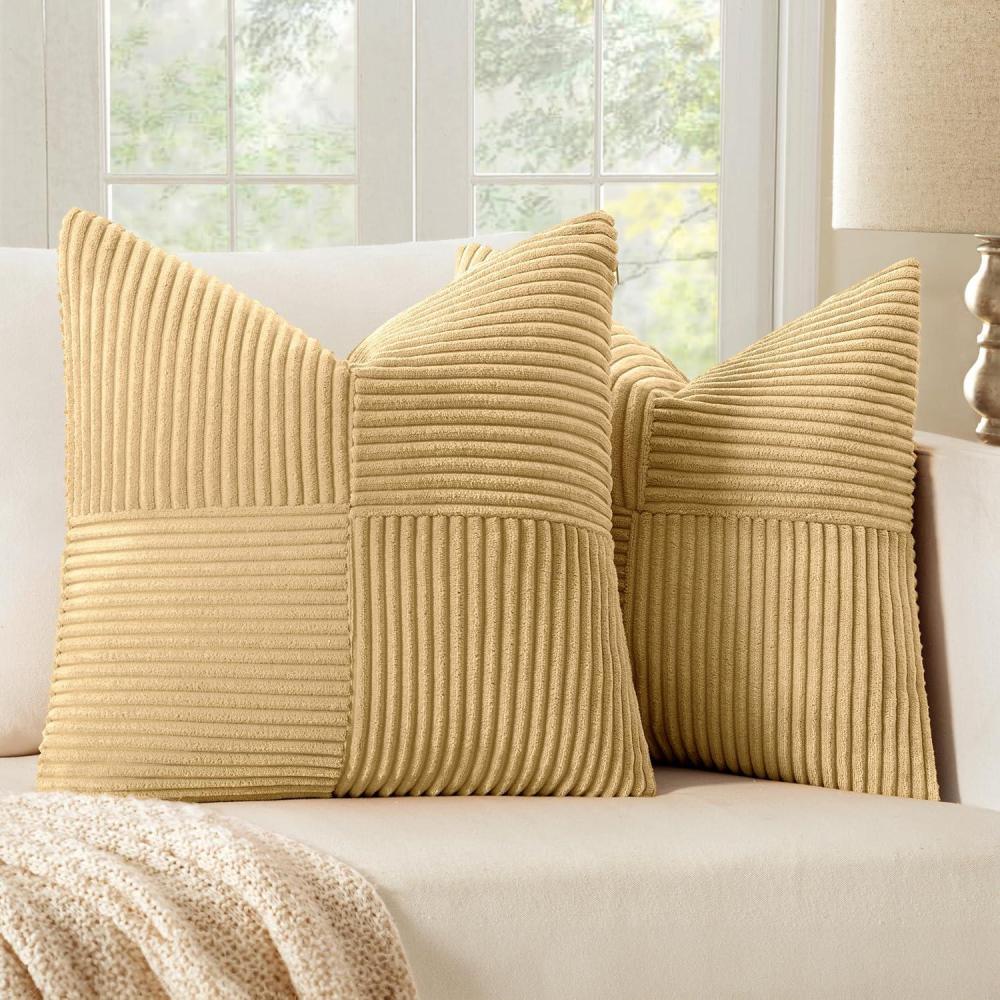 imageMIULEE Christmas White Corduroy Pillow Covers Pack of 2 Boho Decorative Spliced Throw Pillow Covers Soft Couch Pillowcases Cross Patchwork Textured Cushion Covers for Living Room Bed Sofa 18x18 inchKhaki