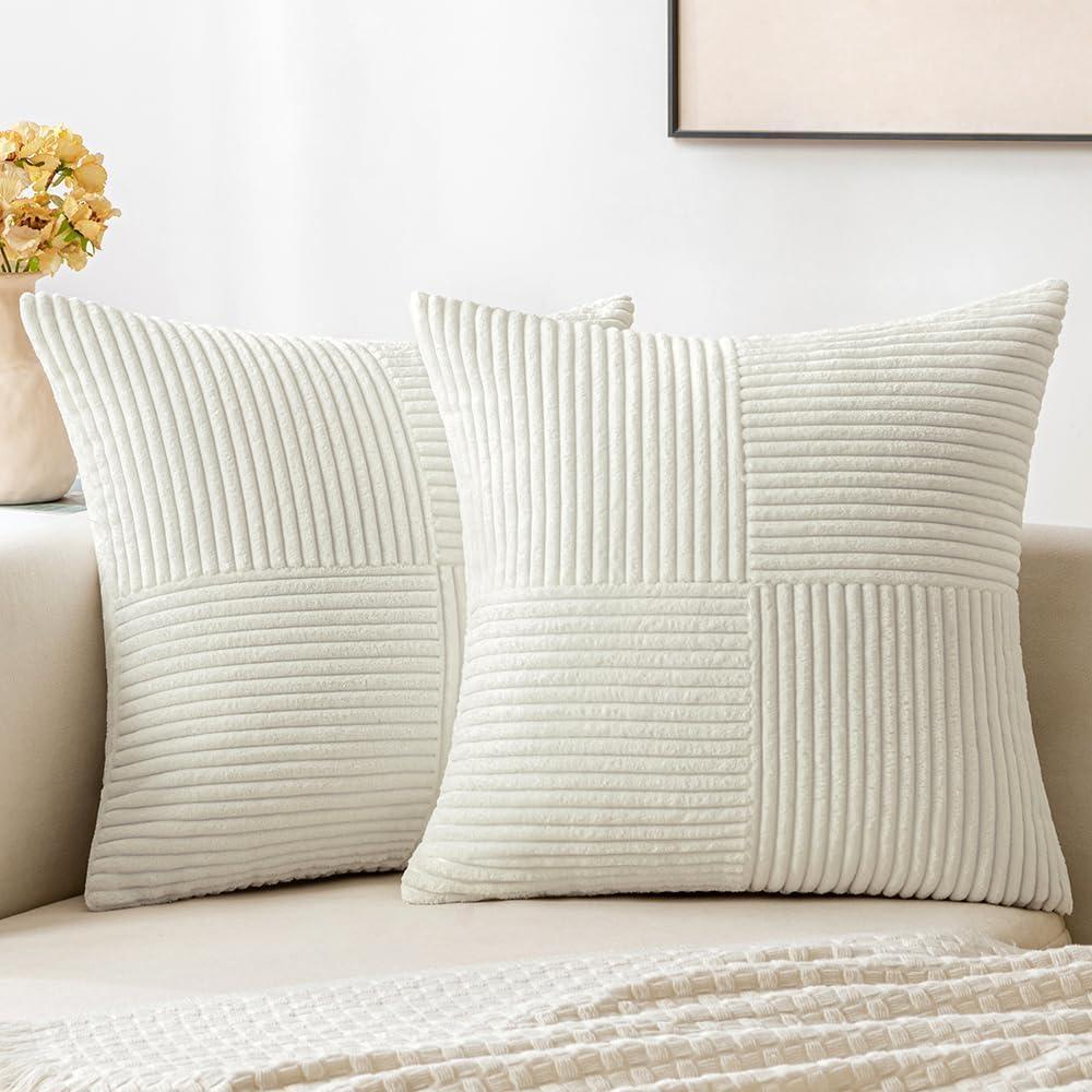 imageMIULEE Christmas White Corduroy Pillow Covers Pack of 2 Boho Decorative Spliced Throw Pillow Covers Soft Couch Pillowcases Cross Patchwork Textured Cushion Covers for Living Room Bed Sofa 18x18 inchWhite