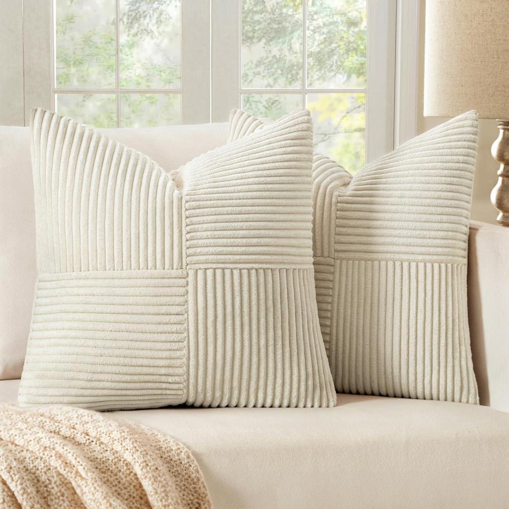 imageMIULEE Christmas White Corduroy Pillow Covers Pack of 2 Boho Decorative Spliced Throw Pillow Covers Soft Couch Pillowcases Cross Patchwork Textured Cushion Covers for Living Room Bed Sofa 18x18 inchBeige
