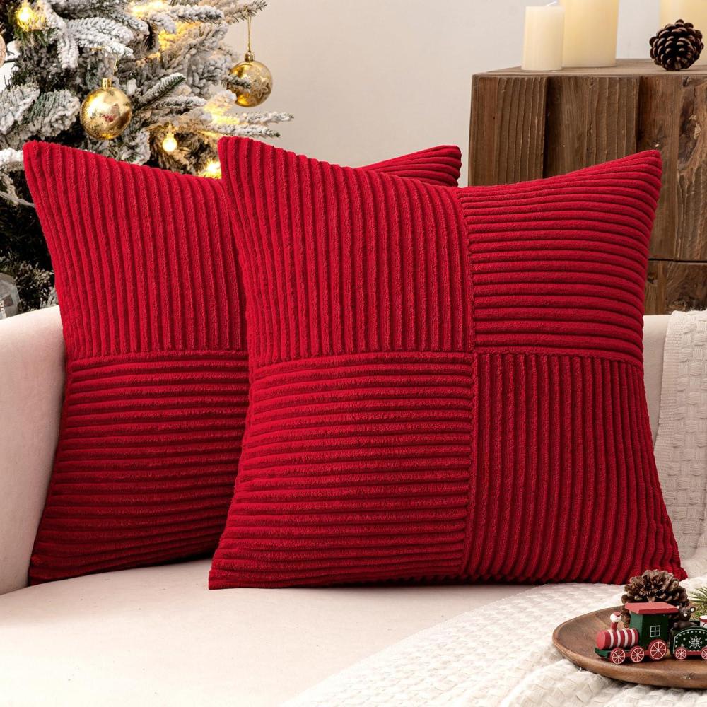 imageMIULEE Christmas White Corduroy Pillow Covers Pack of 2 Boho Decorative Spliced Throw Pillow Covers Soft Couch Pillowcases Cross Patchwork Textured Cushion Covers for Living Room Bed Sofa 18x18 inchRed