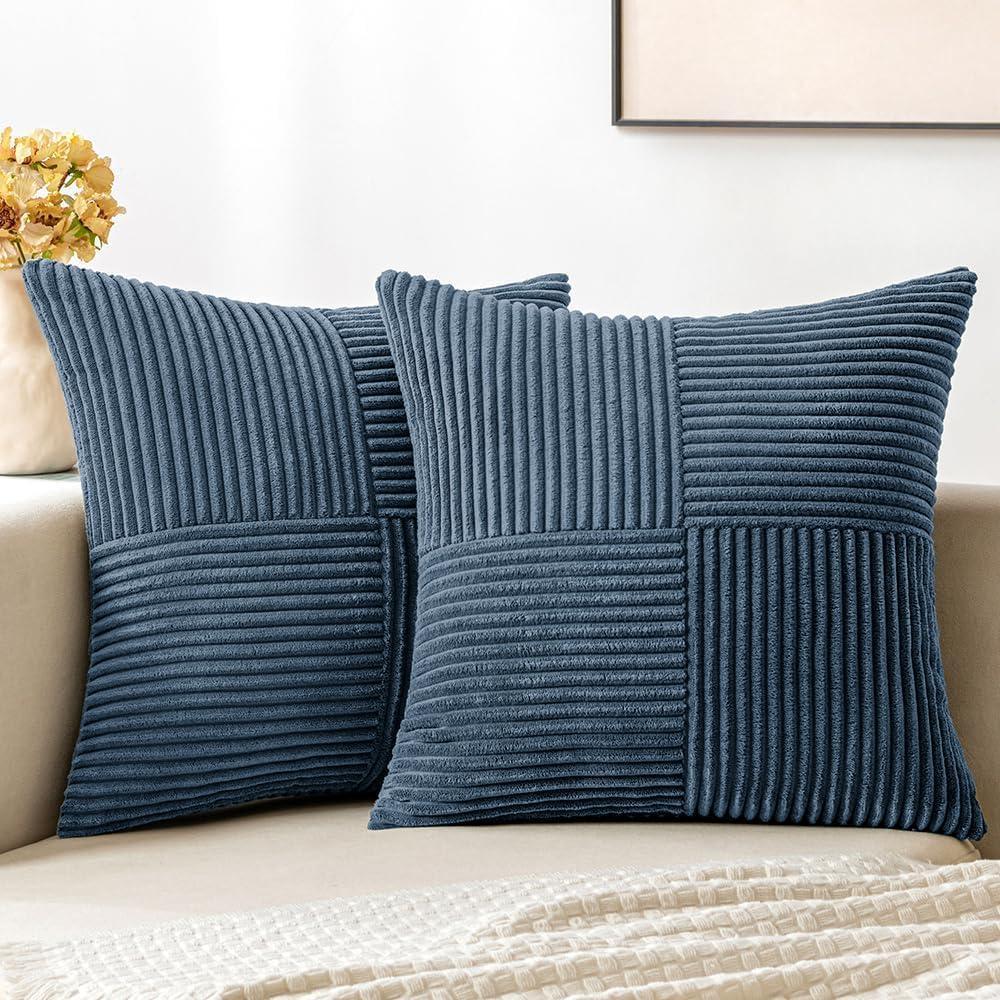 imageMIULEE Christmas White Corduroy Pillow Covers Pack of 2 Boho Decorative Spliced Throw Pillow Covers Soft Couch Pillowcases Cross Patchwork Textured Cushion Covers for Living Room Bed Sofa 18x18 inchBlue