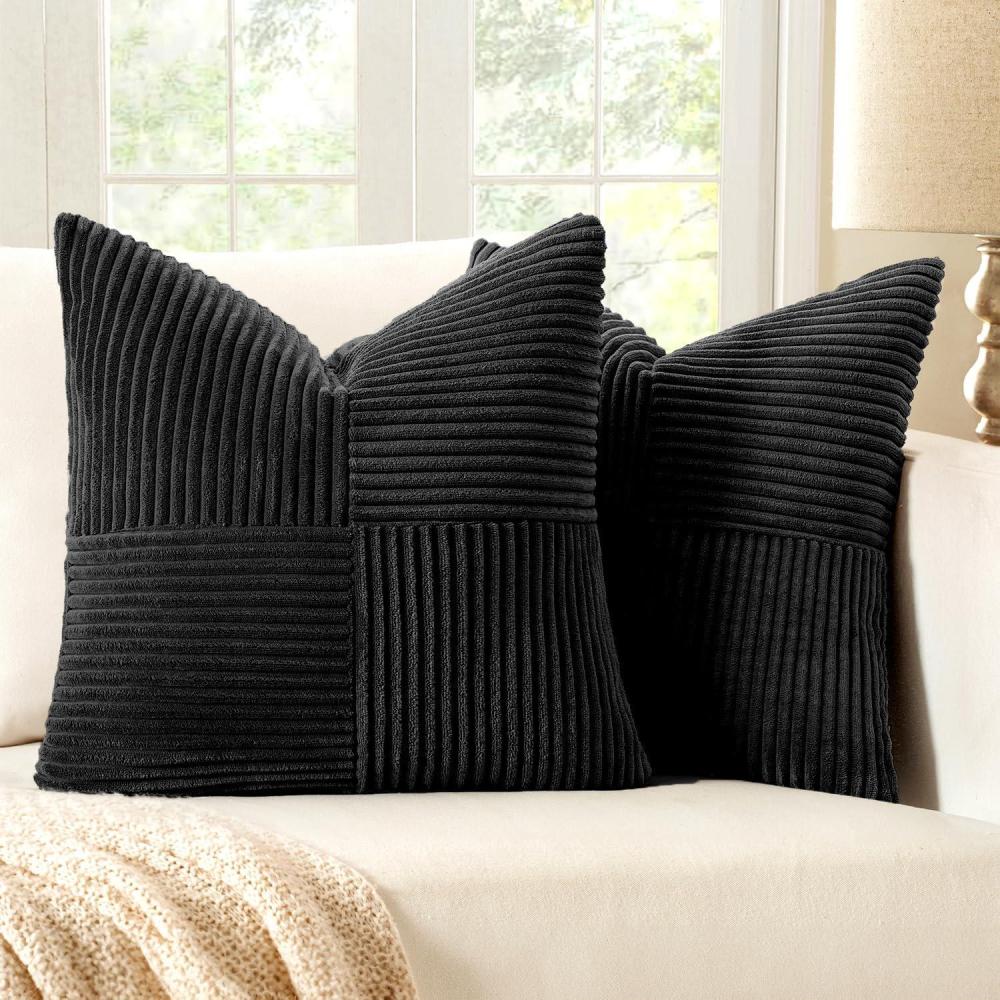 imageMIULEE Christmas White Corduroy Pillow Covers Pack of 2 Boho Decorative Spliced Throw Pillow Covers Soft Couch Pillowcases Cross Patchwork Textured Cushion Covers for Living Room Bed Sofa 18x18 inchBlack
