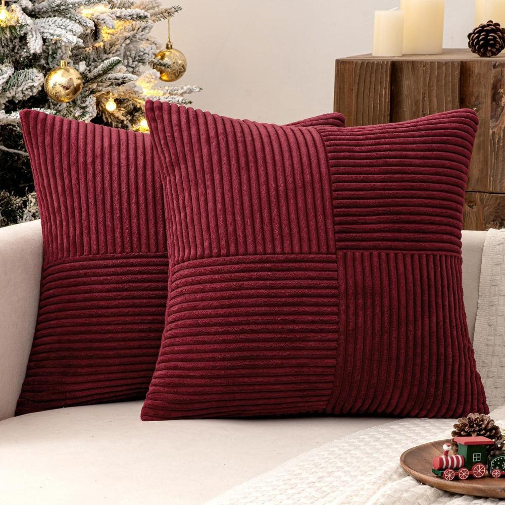 imageMIULEE Christmas White Corduroy Pillow Covers Pack of 2 Boho Decorative Spliced Throw Pillow Covers Soft Couch Pillowcases Cross Patchwork Textured Cushion Covers for Living Room Bed Sofa 18x18 inchBurgundy