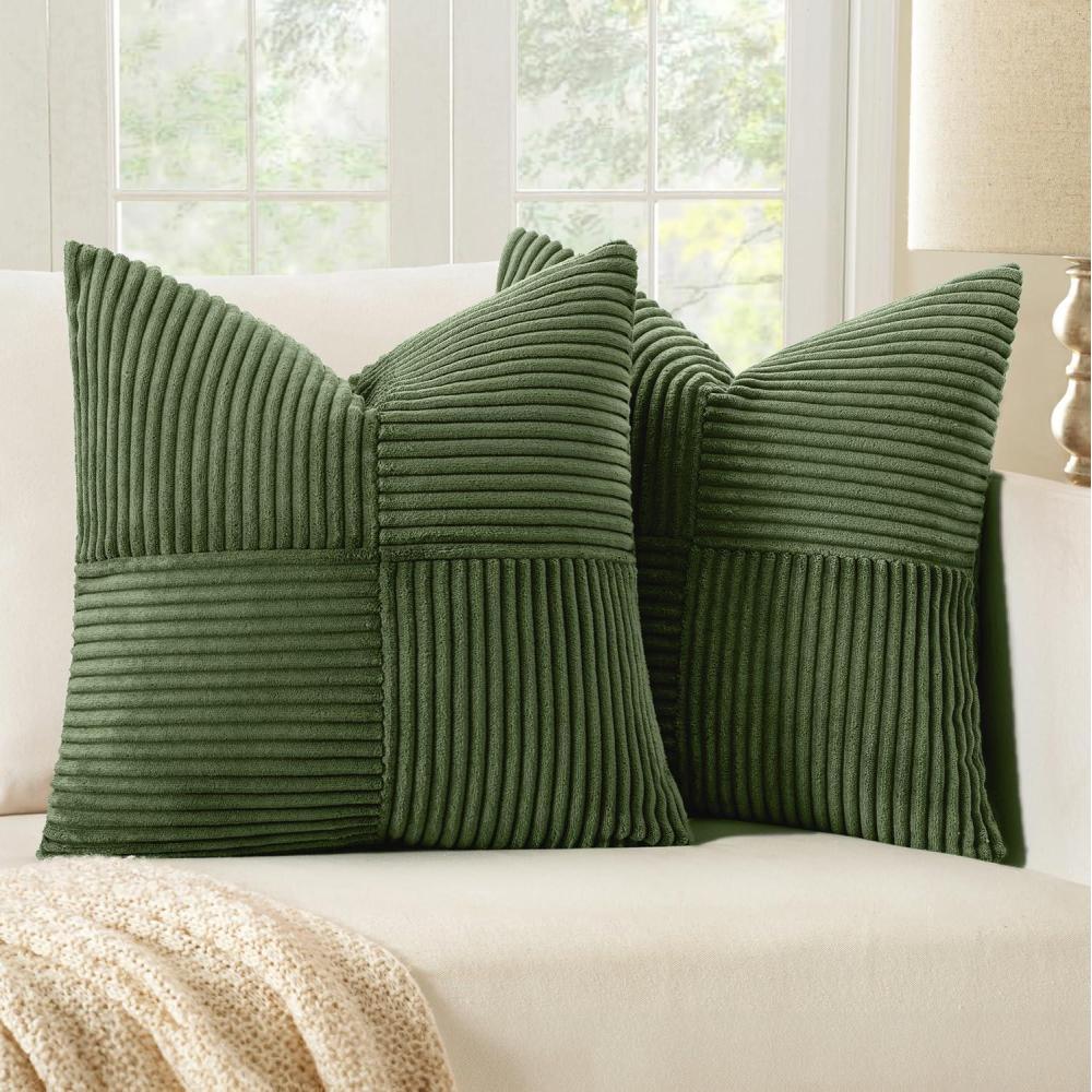 imageMIULEE Christmas White Corduroy Pillow Covers Pack of 2 Boho Decorative Spliced Throw Pillow Covers Soft Couch Pillowcases Cross Patchwork Textured Cushion Covers for Living Room Bed Sofa 18x18 inchMoss Green
