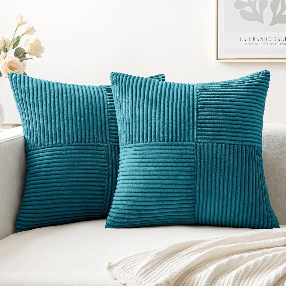 imageMIULEE Christmas White Corduroy Pillow Covers Pack of 2 Boho Decorative Spliced Throw Pillow Covers Soft Couch Pillowcases Cross Patchwork Textured Cushion Covers for Living Room Bed Sofa 18x18 inchTeal