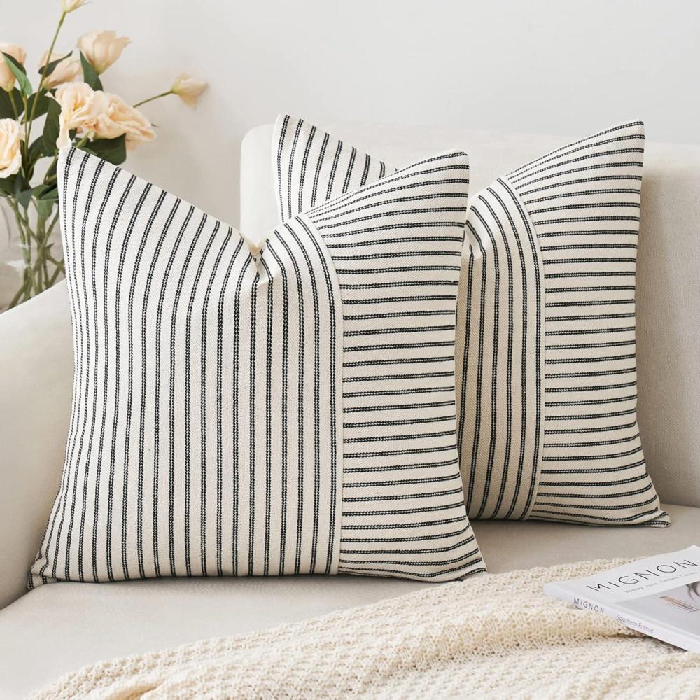 imageMIULEE Dark Green Patchwork Farmhouse Pillow Covers 18x18 Inch Pack of 2 Striped Linen Decorative Modern Accent Pillow Cases for Sofa Couch BedroomBlack