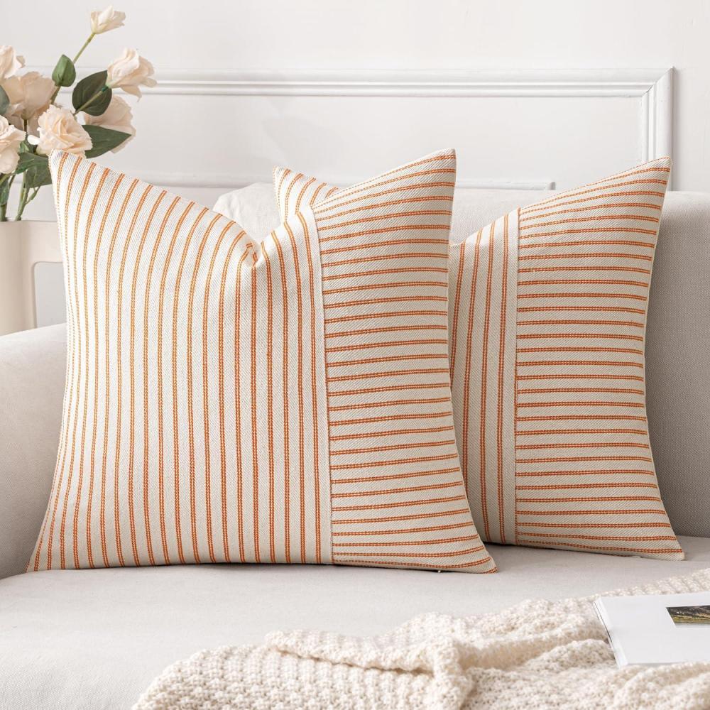 imageMIULEE Dark Green Patchwork Farmhouse Pillow Covers 18x18 Inch Pack of 2 Striped Linen Decorative Modern Accent Pillow Cases for Sofa Couch BedroomBurnt Orange