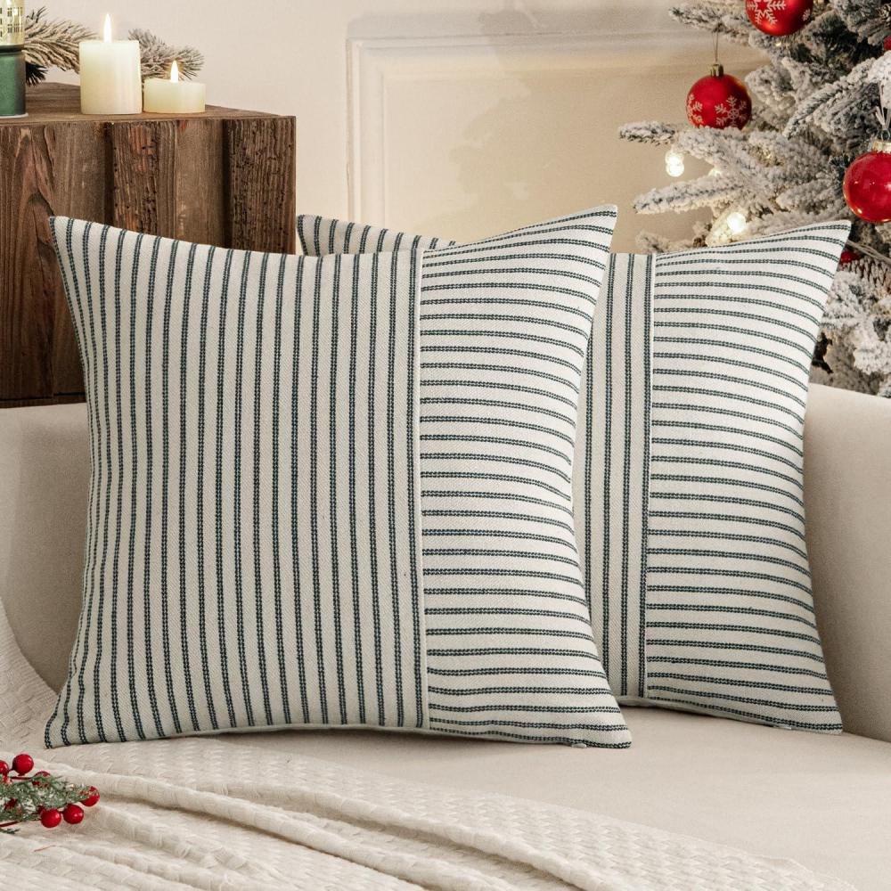 imageMIULEE Dark Green Patchwork Farmhouse Pillow Covers 18x18 Inch Pack of 2 Striped Linen Decorative Modern Accent Pillow Cases for Sofa Couch BedroomDark Green