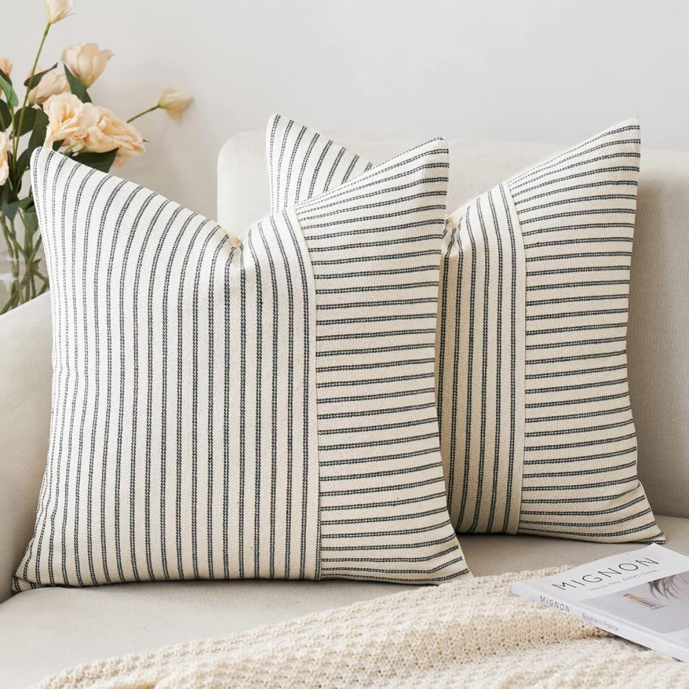 imageMIULEE Dark Green Patchwork Farmhouse Pillow Covers 18x18 Inch Pack of 2 Striped Linen Decorative Modern Accent Pillow Cases for Sofa Couch BedroomGrey
