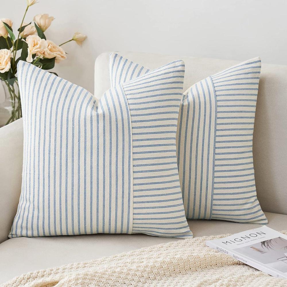 imageMIULEE Dark Green Patchwork Farmhouse Pillow Covers 18x18 Inch Pack of 2 Striped Linen Decorative Modern Accent Pillow Cases for Sofa Couch BedroomLight Blue