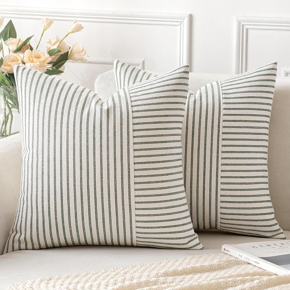 imageMIULEE Dark Green Patchwork Farmhouse Pillow Covers 18x18 Inch Pack of 2 Striped Linen Decorative Modern Accent Pillow Cases for Sofa Couch BedroomOlive Green