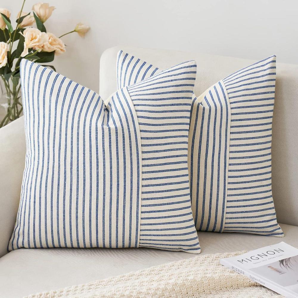 imageMIULEE Dark Green Patchwork Farmhouse Pillow Covers 18x18 Inch Pack of 2 Striped Linen Decorative Modern Accent Pillow Cases for Sofa Couch BedroomRoyal Blue
