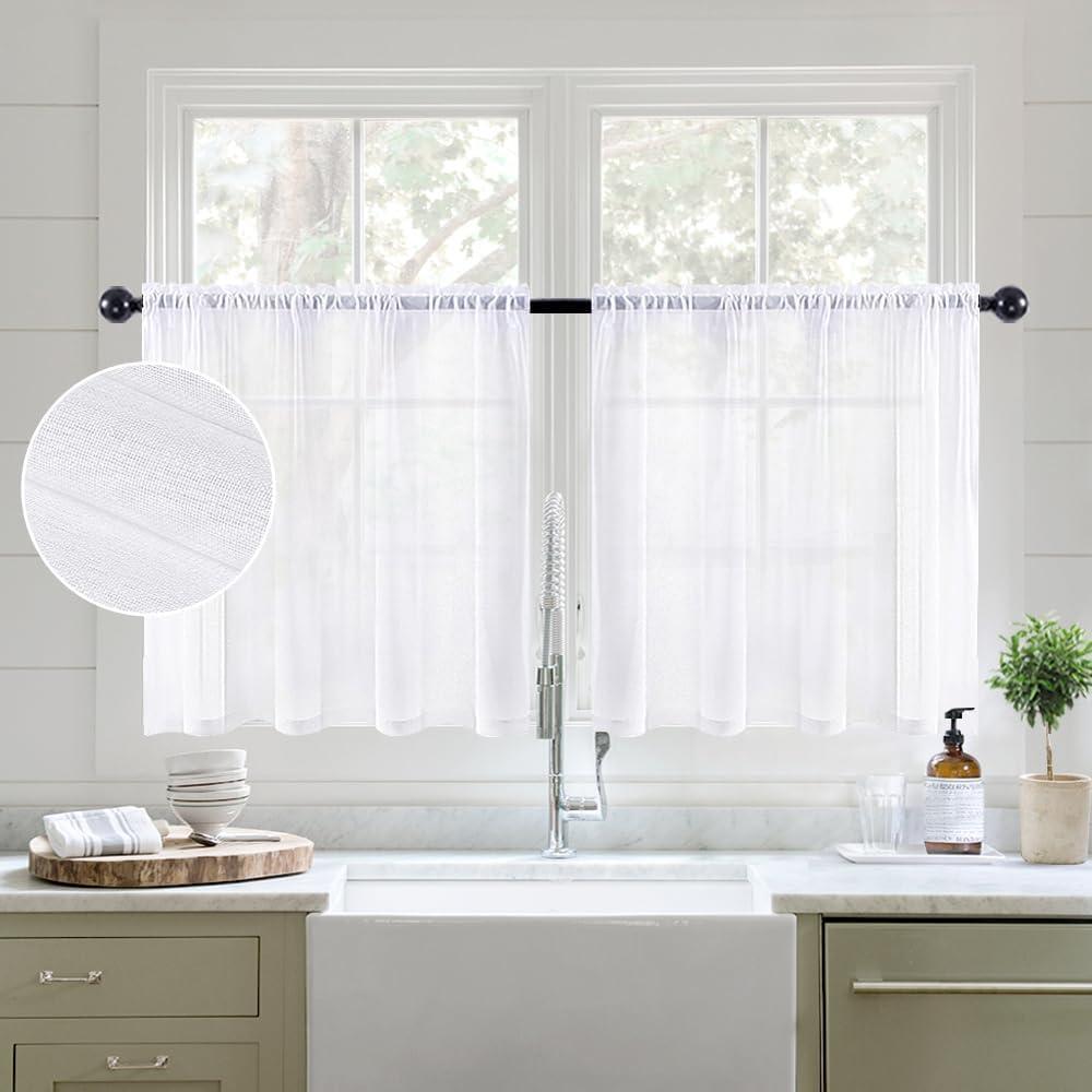 imageMIULEE Dark Green Sheer Curtains 36 inch Length 2 Panels Kitchen Window Curtains Over Sink Christmas Short Small Tiers for Bathroom Cafe Linen Textured Light Filtering Half Curtain Rod Pocket DecorWhite
