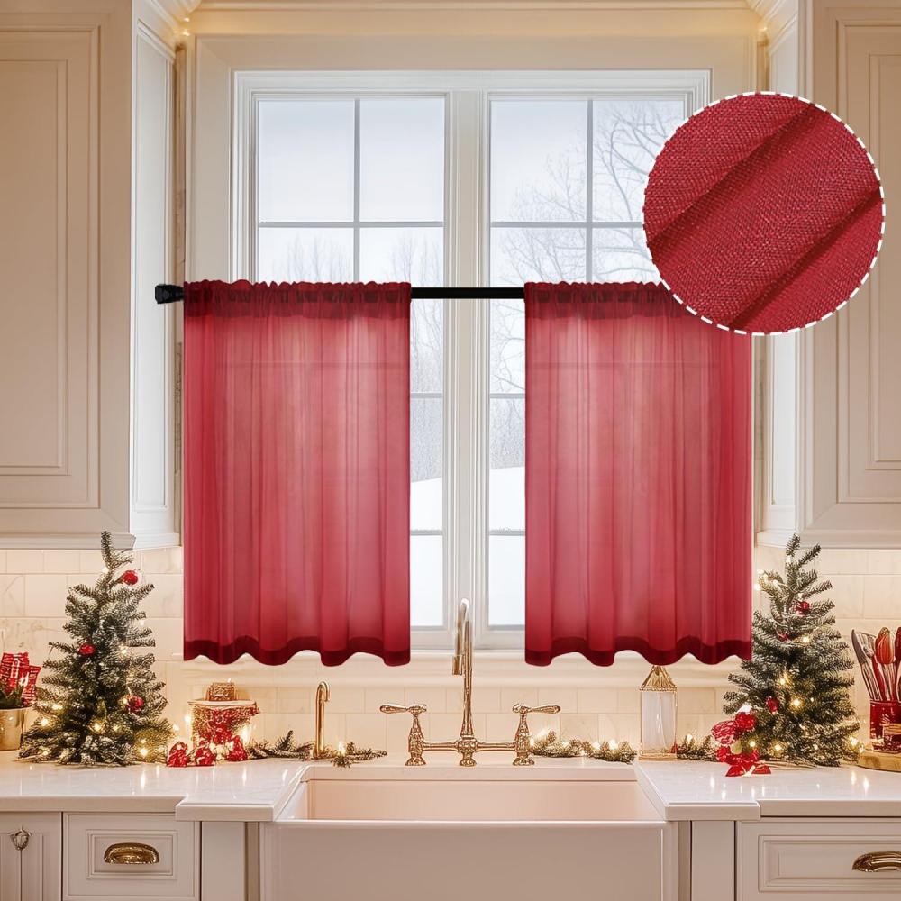 imageMIULEE Dark Green Sheer Curtains 36 inch Length 2 Panels Kitchen Window Curtains Over Sink Christmas Short Small Tiers for Bathroom Cafe Linen Textured Light Filtering Half Curtain Rod Pocket DecorBurgundy Red