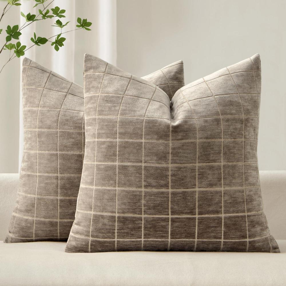 imageMIULEE Decorative Chenille Check Throw Pillow Covers Vintage Plaid Couch Pillows 16x16 Inch Set of 2 Neutral Boho Farmhouse Cushion Covers Modern Home Decor for Sofa Bed Living Room Taupe Grey