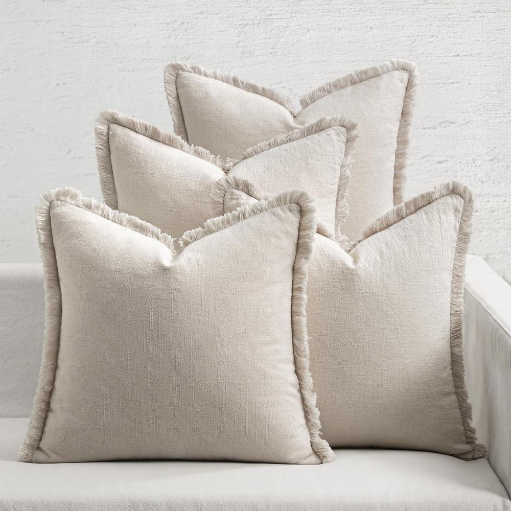 imageMIULEE Decorative Couch Pillow Covers Neutral Linen Fringe Throw Pillows Set of 4 Soft Rustic Cushions Boho Farmhouse Pillowcases for Bed Sofa Living Room Home Decor 18x18 Inch BeigeBrownGreenNeutral Beige