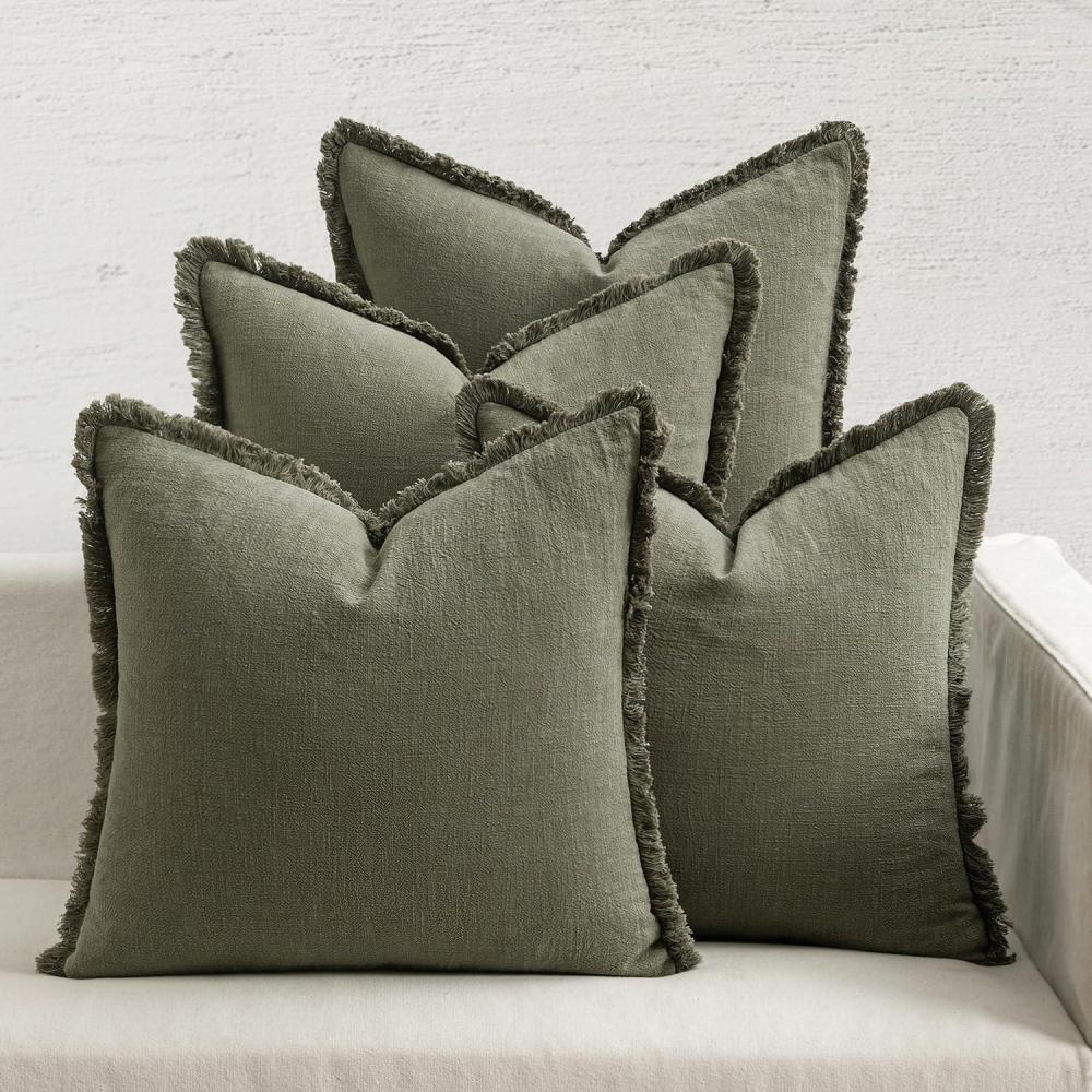 imageMIULEE Decorative Couch Pillow Covers Neutral Linen Fringe Throw Pillows Set of 4 Soft Rustic Cushions Boho Farmhouse Pillowcases for Bed Sofa Living Room Home Decor 18x18 Inch BeigeBrownGreenOlive Green