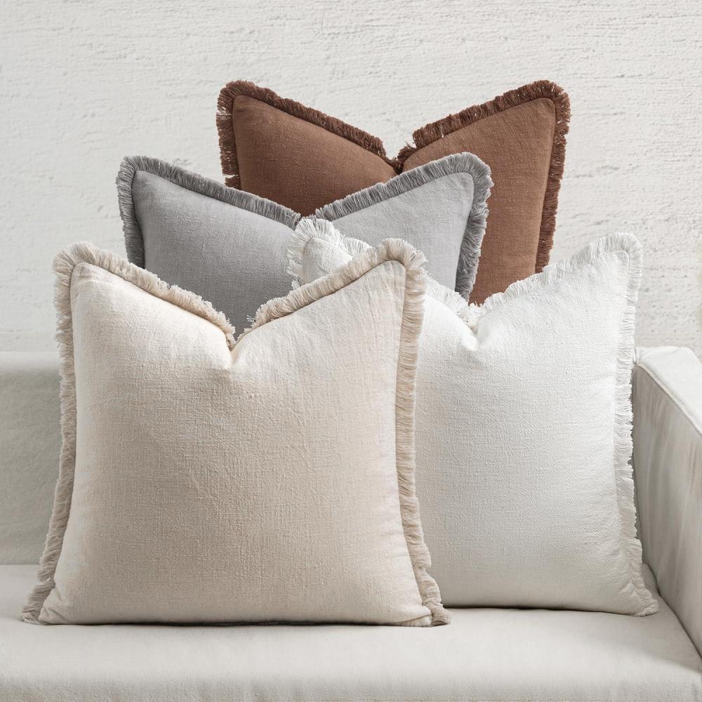 imageMIULEE Decorative Couch Pillow Covers Neutral Linen Fringe Throw Pillows Set of 4 Soft Rustic Cushions Boho Farmhouse Pillowcases for Bed Sofa Living Room Home Decor 18x18 Inch BeigeBrownGreenNeutral