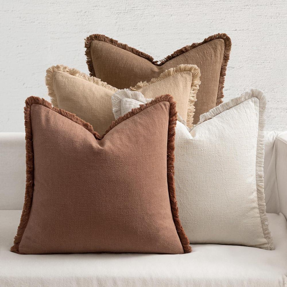 imageMIULEE Decorative Couch Pillow Covers Neutral Linen Fringe Throw Pillows Set of 4 Soft Rustic Cushions Boho Farmhouse Pillowcases for Bed Sofa Living Room Home Decor 18x18 Inch BeigeBrownGreenBrown