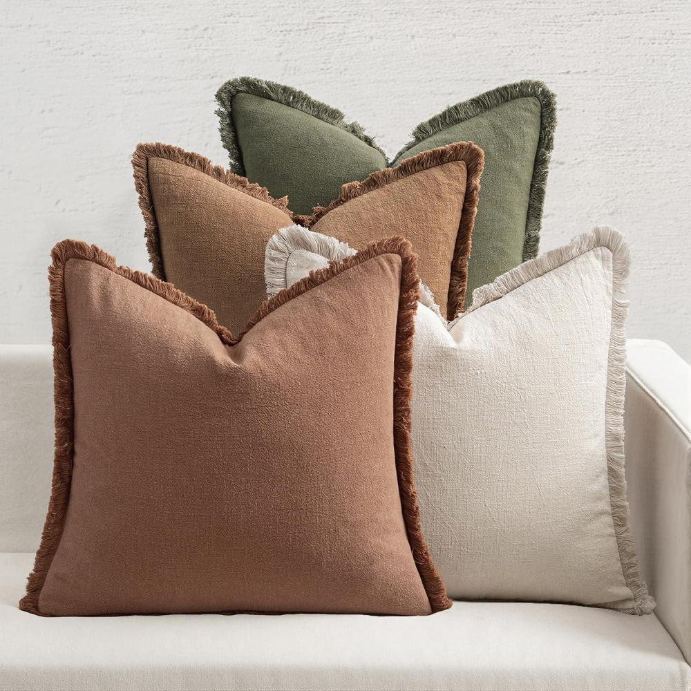 imageMIULEE Decorative Couch Pillow Covers Neutral Linen Fringe Throw Pillows Set of 4 Soft Rustic Cushions Boho Farmhouse Pillowcases for Bed Sofa Living Room Home Decor 18x18 Inch BeigeBrownGreenBrown Green