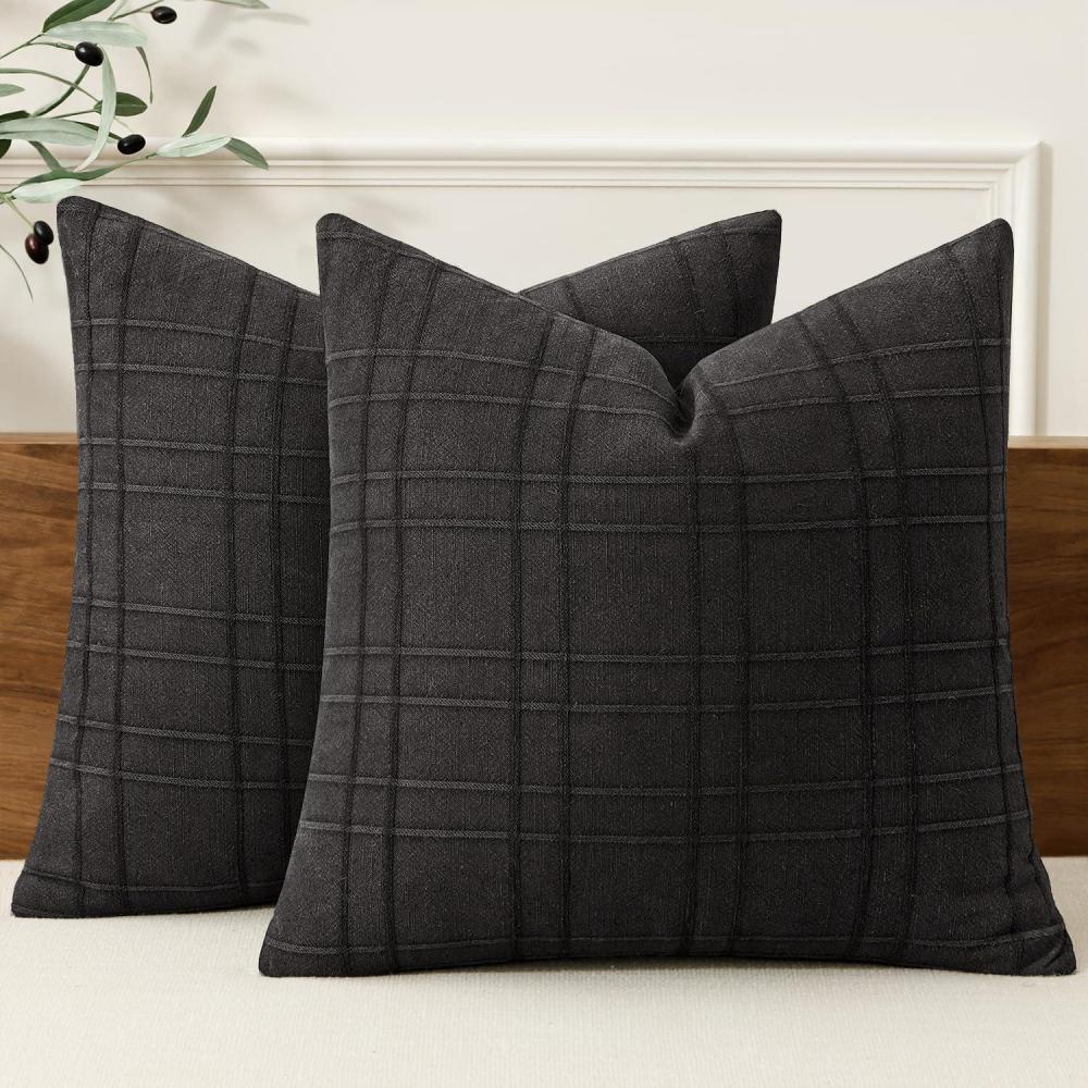 imageMIULEE Decorative Linen Check Throw Pillow Covers Neutral Farmhouse Vintage Christmas Pillow Covers 20x20 Set of 2 Boho Modern Home Decor for Sofa Couch Bedroom Cushion Dark Olive GreenBlack