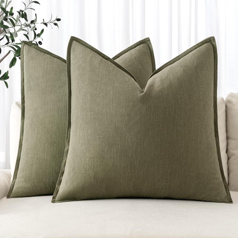 imageMIULEE Decorative Linen Pillow Covers 20x20 Inch Natural Beige Boho Farmhouse Neutral Christmas Couch Throw Pillows for Bed Pack of 2 Accent Modern Pillowcase Sofa Livingroom Home DecorLight Olive Green