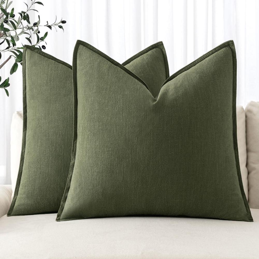 imageMIULEE Decorative Linen Pillow Covers 20x20 Inch Natural Beige Boho Farmhouse Neutral Christmas Couch Throw Pillows for Bed Pack of 2 Accent Modern Pillowcase Sofa Livingroom Home DecorDark Olive Green