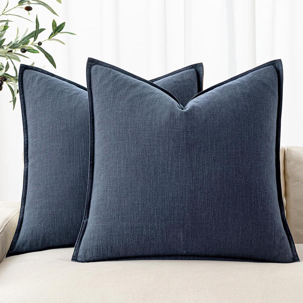 imageMIULEE Decorative Linen Pillow Covers 20x20 Inch Natural Beige Boho Farmhouse Neutral Christmas Couch Throw Pillows for Bed Pack of 2 Accent Modern Pillowcase Sofa Livingroom Home DecorIndigo Blue