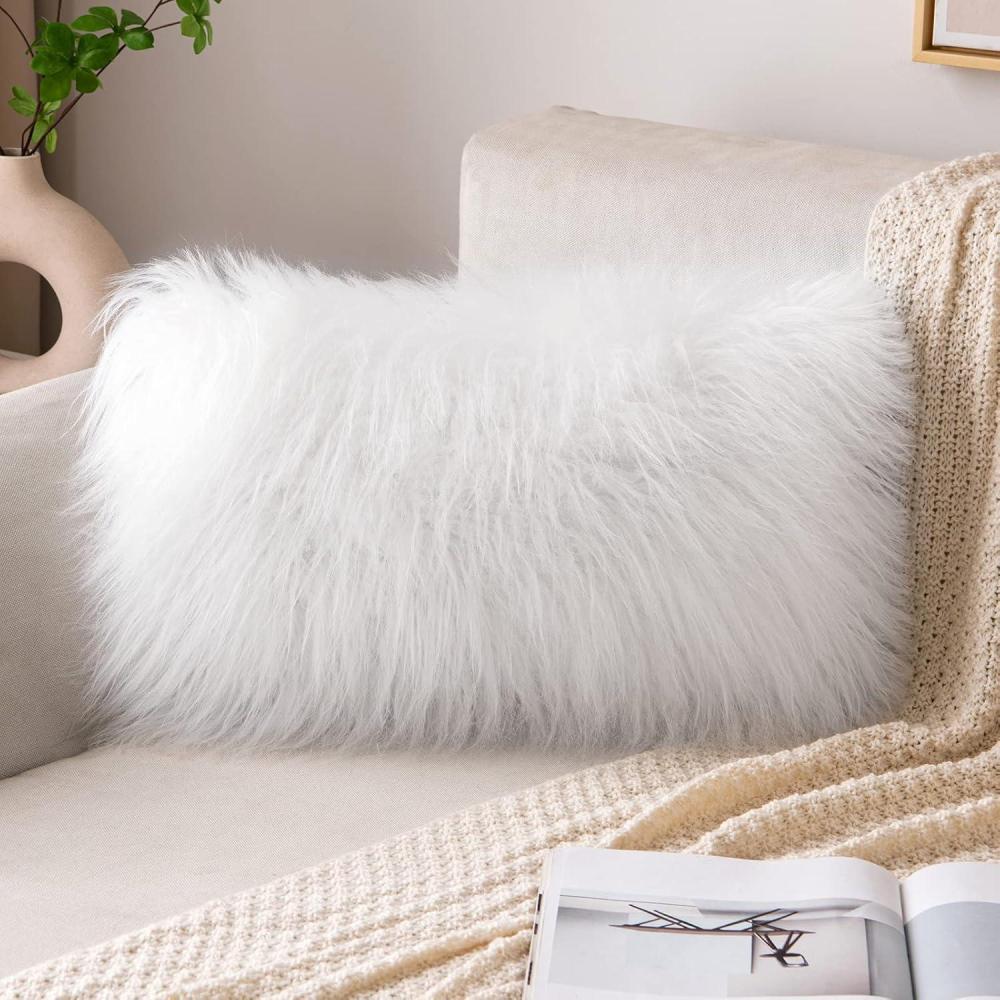 imageMIULEE Decorative New Luxury Series Style White Faux Fur Throw Pillow Case Cushion Cover for Sofa Bedroom Car 12 x 20 Inch 30 x 50 Cm