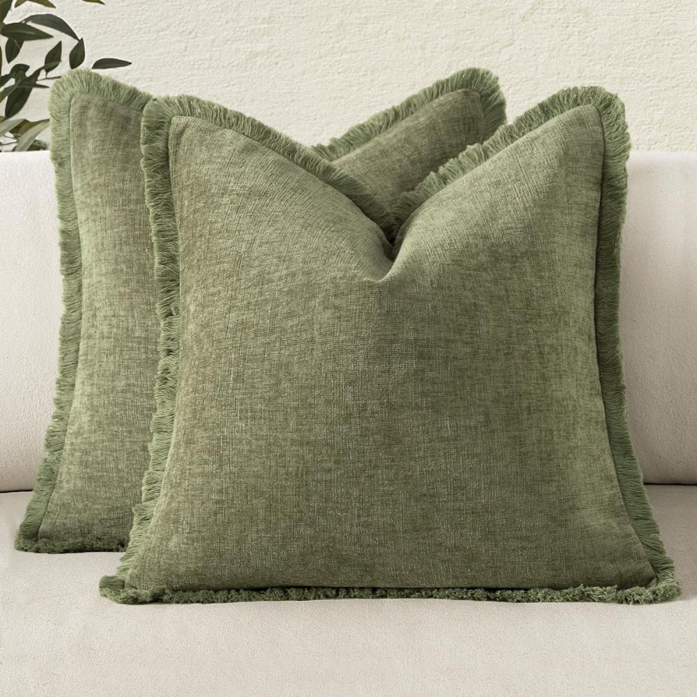 imageMIULEE Decorative Sage Green Throw Pillow Covers 18x18 Inch Set of 2 Soft Cozy Boho Farmhouse Couch Pillow Covers with Tassels Chenille Accent Pillowcases for Spring Sofa Bed Living Room Home DecorSage Green
