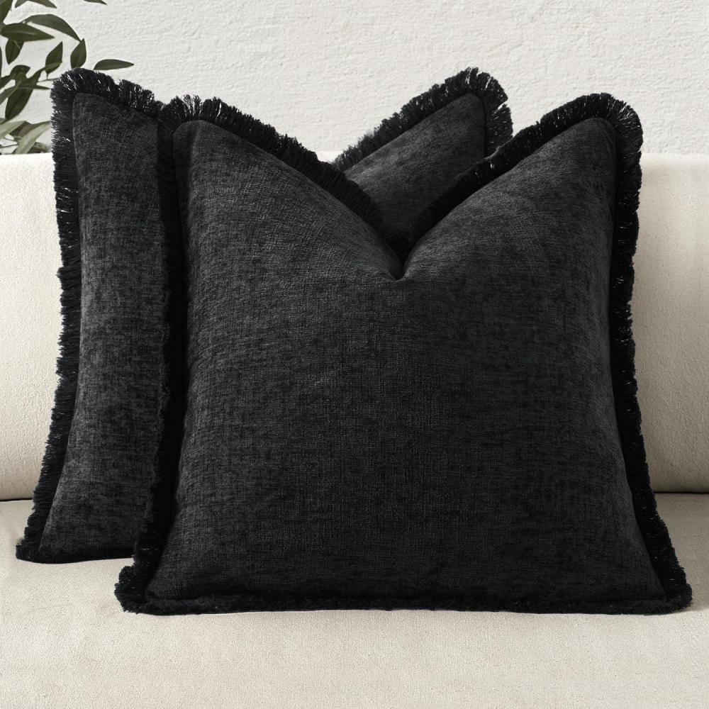 imageMIULEE Decorative Sage Green Throw Pillow Covers 18x18 Inch Set of 2 Soft Cozy Boho Farmhouse Couch Pillow Covers with Tassels Chenille Accent Pillowcases for Spring Sofa Bed Living Room Home DecorBlack