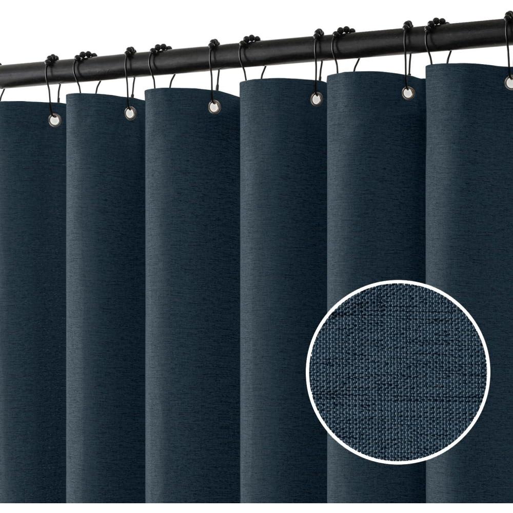 imageMIULEE Extra Long Linen Shower Curtain 96 Inches Long with 12 Metal Hooks Washable Beige Fabric Shower Curtain Set Waterproof Neutral Thick Cloth Shower Curtains for Bathroom Hotel Bathtub CreamNavy Blue